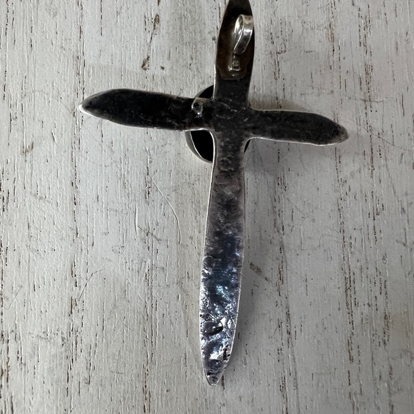 Native American Sand-cast Statement Turquoise Sterling Silver Cross Pendant - Picture 2 of 6